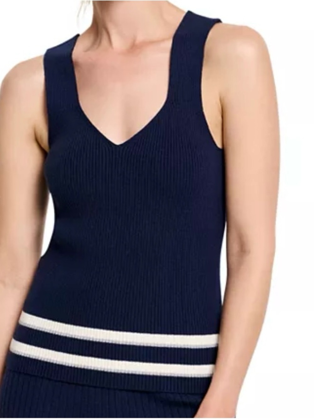 NIC+ZOE Unwind Sweater Tank- Navy Ribbed V-Neck Tank with Cream Stripes